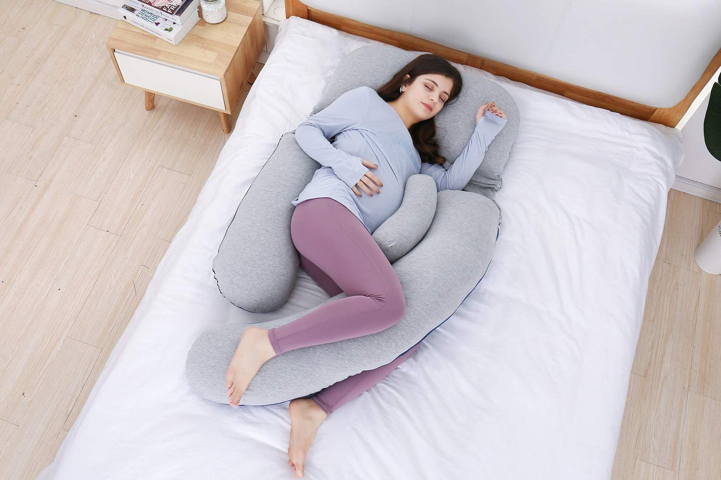 AS AWESLING 60in Full Body Pillow | Nursing, Maternity and Pregnancy Pillow | Extra Large U Shape Pillow with Detachable Side, Separate Support Pillow and Removable Cover (Velvet Blue&Jersey Grey)