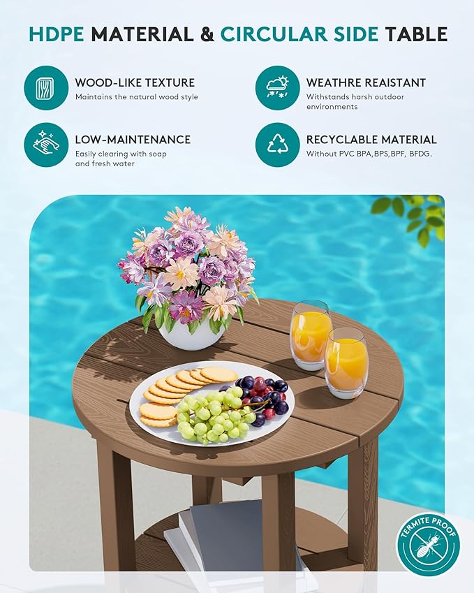 SERWALL Round Adirondack Side Table, 16.5" Double Outdoor Side Table, HDPE