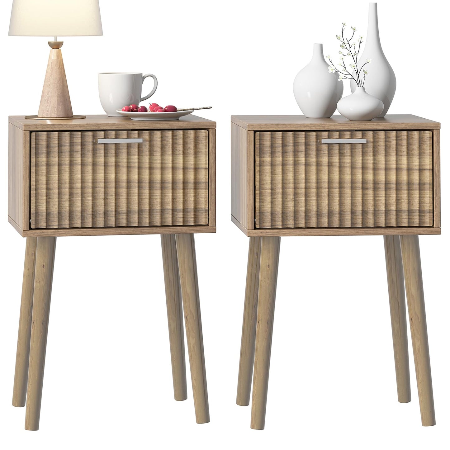 LAATOOREE Nightstands Set of 2, Small Size Side End Table, Bedside Table with Fluted Door, Solid Wood Feet; for Bedroom, Small Bed