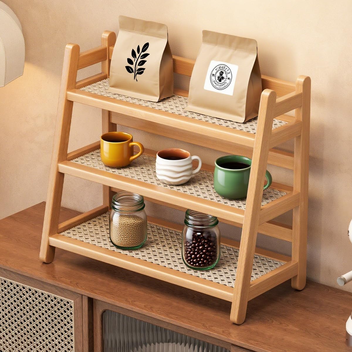 Heoclao Three Tier Wooden Storage Shelf, Bamboo Ladder Shelf, Desk Tabletop Rack, Seasoning Storage Rack for Home, Office, Kitchen