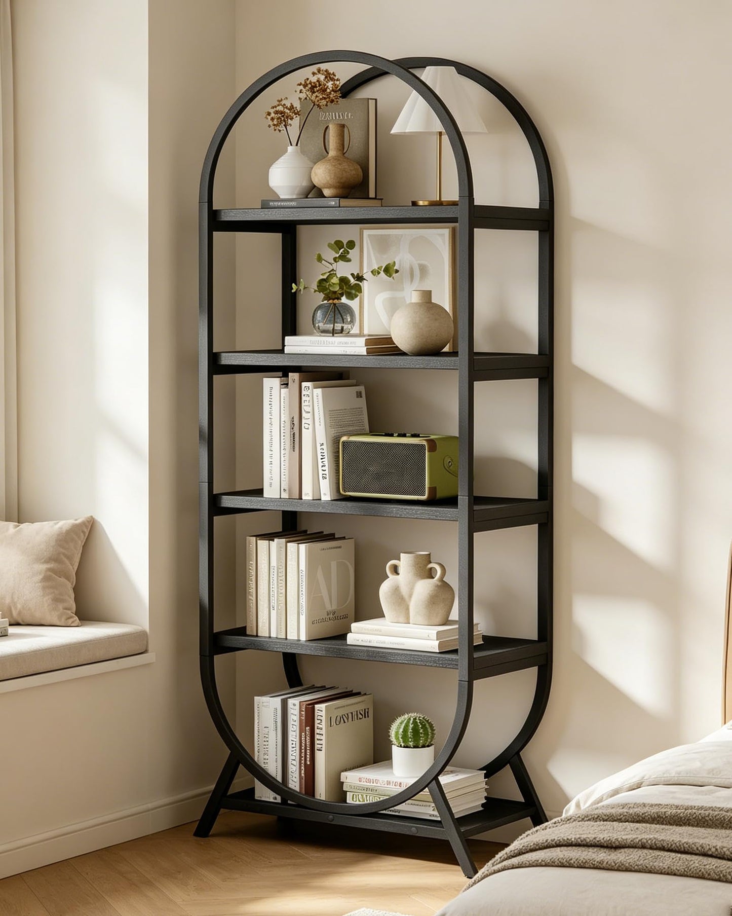 Kogven Bookshelf Arched Bookcase, Industrial 5 Tier Open Book Shelves with Metal Frame, 72" Tall Freestanding Display Rack for Home Office, Living Room, Black