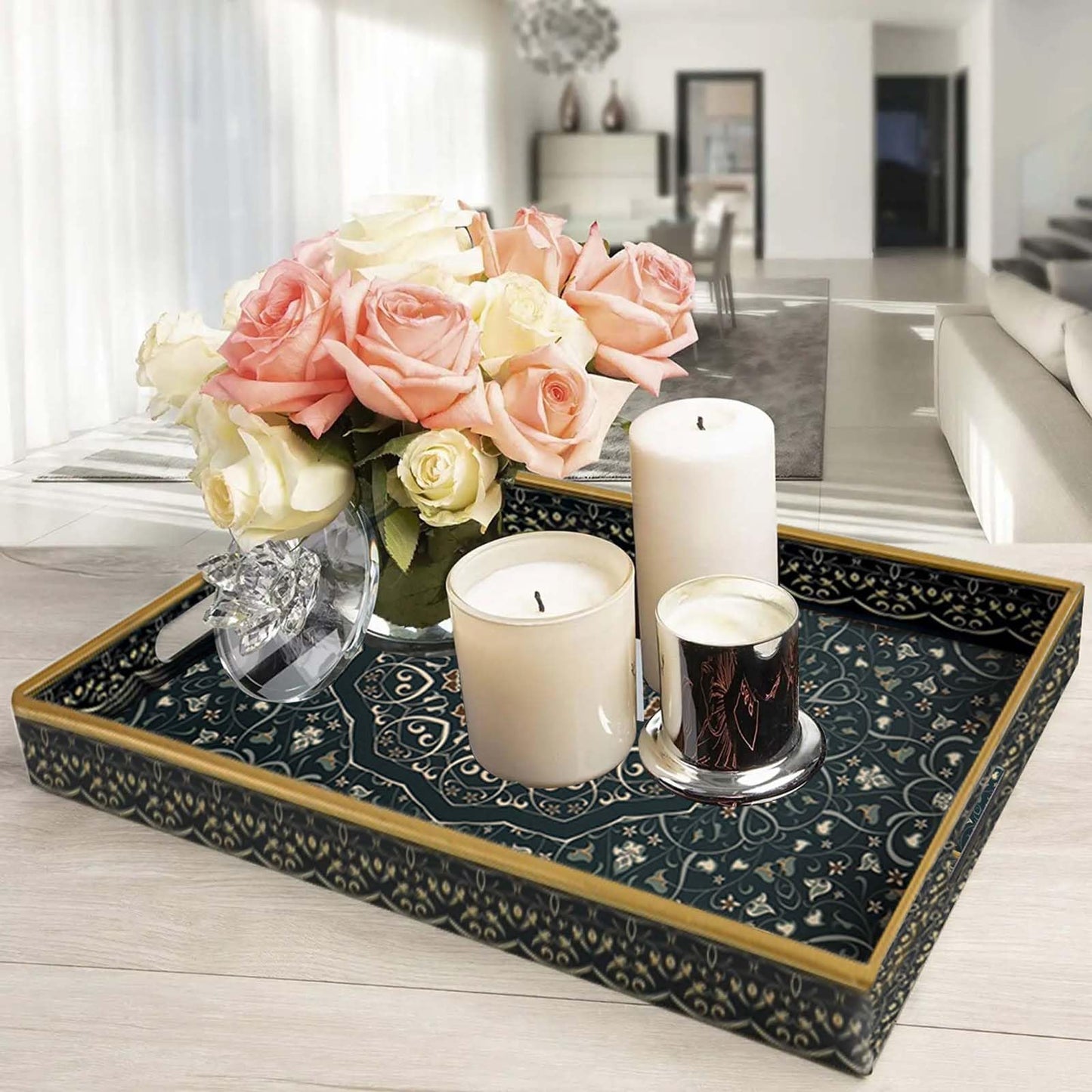Fuukou Plastic Serving Tray with Handles,Large Ottoman Tray for Living Room,Large Rectangle Trays for Ottoman Coffee Table,Decorative Blue Boho Serving Trays for Home Decor,16" x 12"