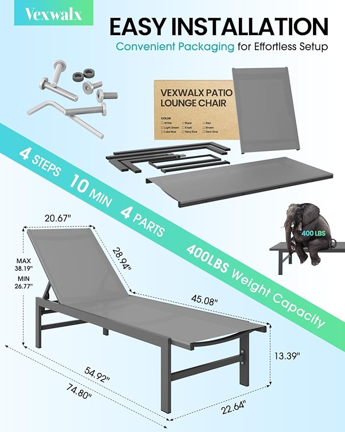Vexwalx Outdoor Lounge Chair for Pool, Aluminum Chaise Lounge Chairs