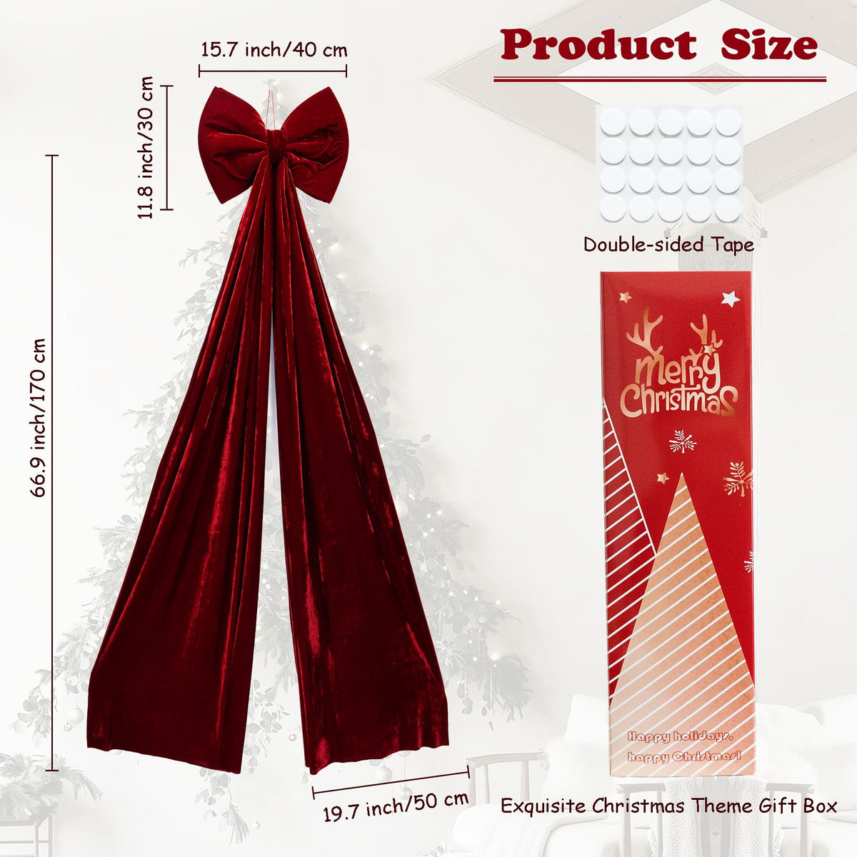 Hismir Christmas Tree Topper Bow，67x16 Inch Velvet Extra Large Room Decor Ribbon Bow for Wedding Engagement Birthday Party，Giant Xmas Bow Decorations for Home Wreath Door Wall(Burgundy)