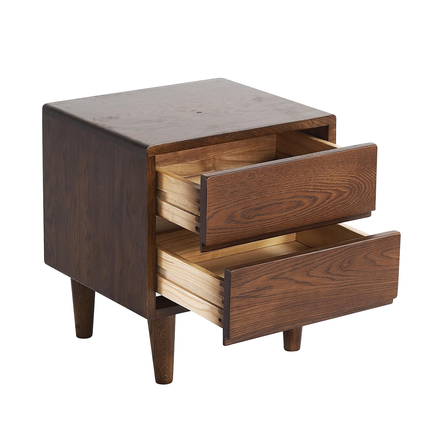 Solid Oak Wood Nightstand, Bedside Table with 2 Drawer, Mid-Century Luxury Night Stand, Modern Sofa Side End Table, Farmhouse Wooden Night Stand for Bedroom, Easy Assembly, Walnut Color