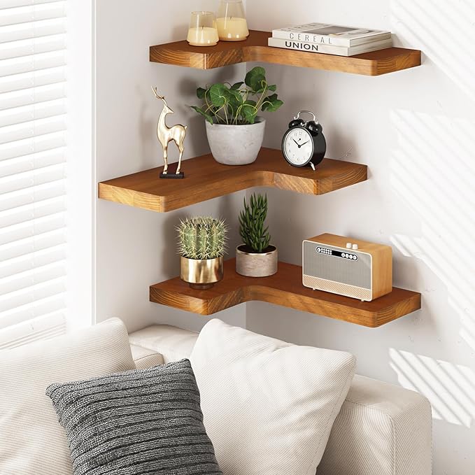 Fixwal Corner Floating Shelves for Wall Mounted Natural Solid Wood 16"x11.4"