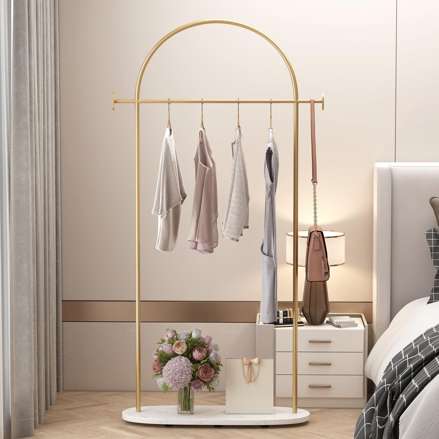 KADIGANG Gold Clothing Rack, Modern Clothes Rack with Shelf, Heavy Duty Freestanding Coat Rack, Metal Coat Hanger Stand with Hooks for Boutique Office