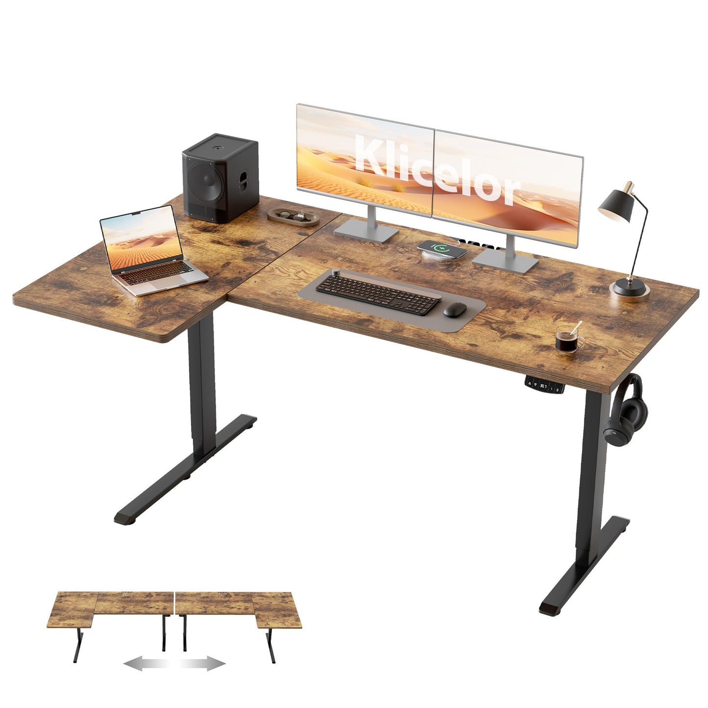 Klicelor L Shaped Standing Desk, 55 Inch Electric Height Adjustable Desk with Memory Preset, Reversible Sit Stand Up Computer Workstation for Home Office, Splice Board, Rustic Brown