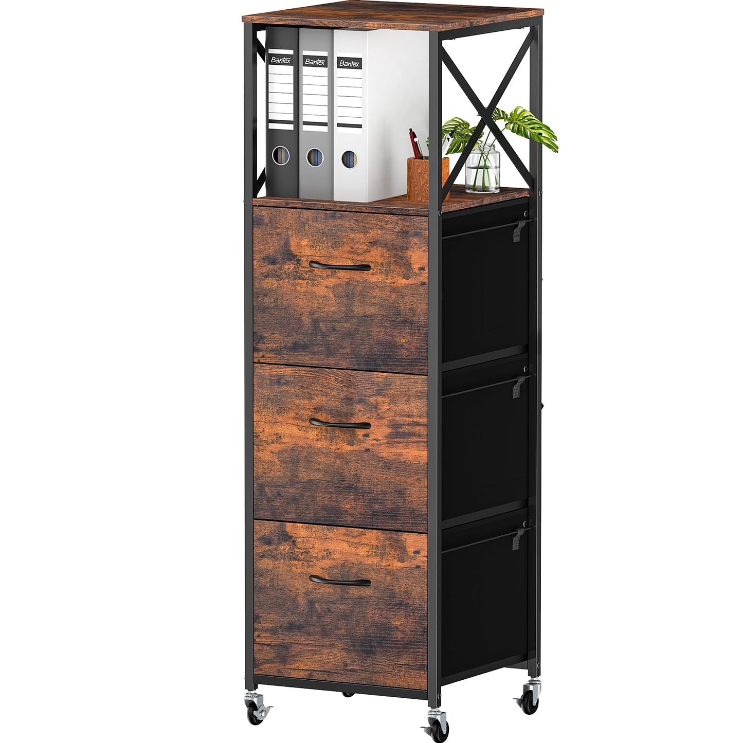 Vestibk 3 Drawers File Cabinet, Vertical Filing Cabinets for Home Office, Non-woven Fabric Drawer with Adjustable Hanging File Folders, A4/Letter Size, Open Shelf, Mobile Printer Stand, Rustic Brown