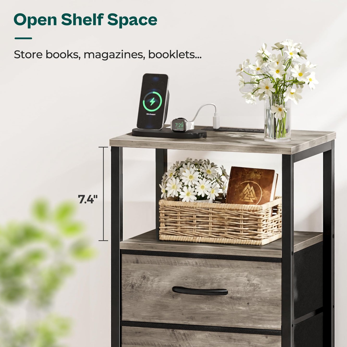 Huuger Nightstand with Charging Station, Fabric Drawers, End Table with Open Shelf, Bedside Table with USB Ports and Outlets, Night Stand for Bedroom, Oak