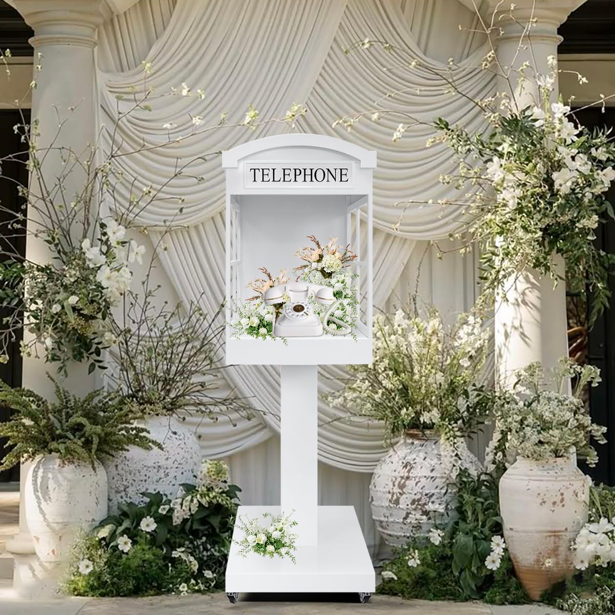 ROOMEDAL Audio Guest Book Phone Booth Stand with Wheels, Romantic Metal Audio Guestbook Telephone Booth for Wedding Birthdays Party Graduation Baby Shower Retirement Special Occasions Decoration