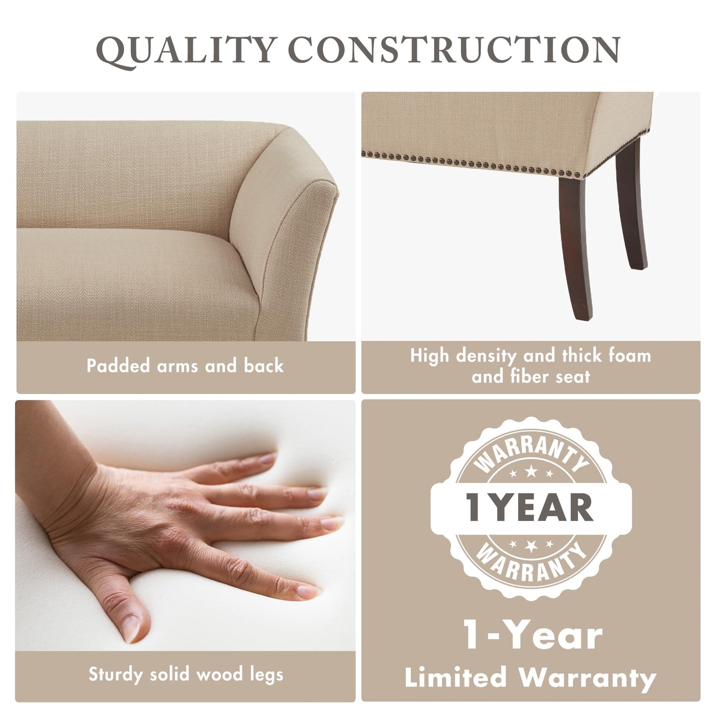 Madison Park Accent Bench, Upholstered with Nailhead Trim, & Padded Seat Entryway Bench Small, End of Bed Bench with Back, 49.5" W x 19.25" D x 23" H, Tan