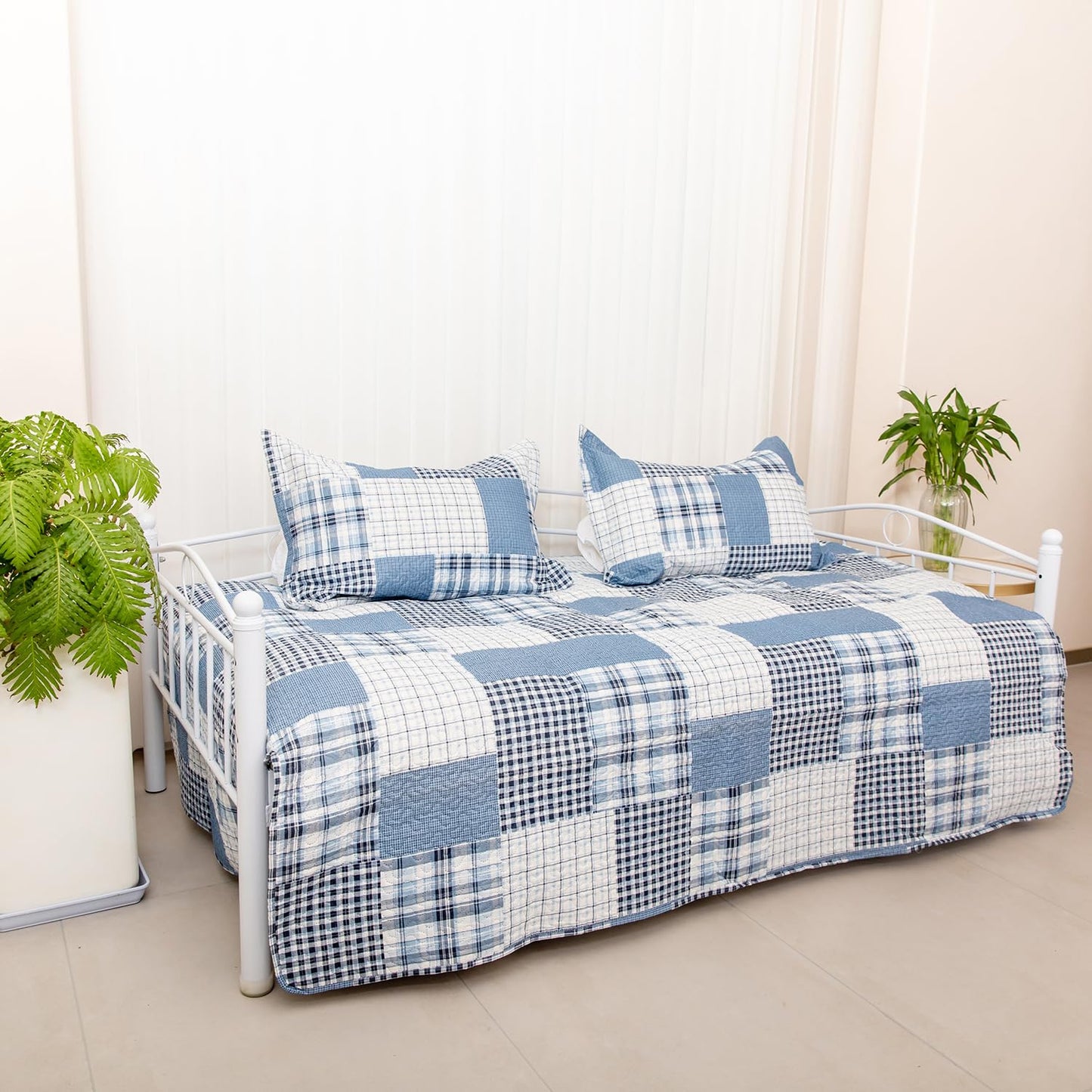 Jarson 3 Piece Plaid Daybed Cover Set Twin Blue Gray White Patchwork Quilted Daybed Bedding Sets Double Side Cozy Sofa Daybed Cover with 2 Shams