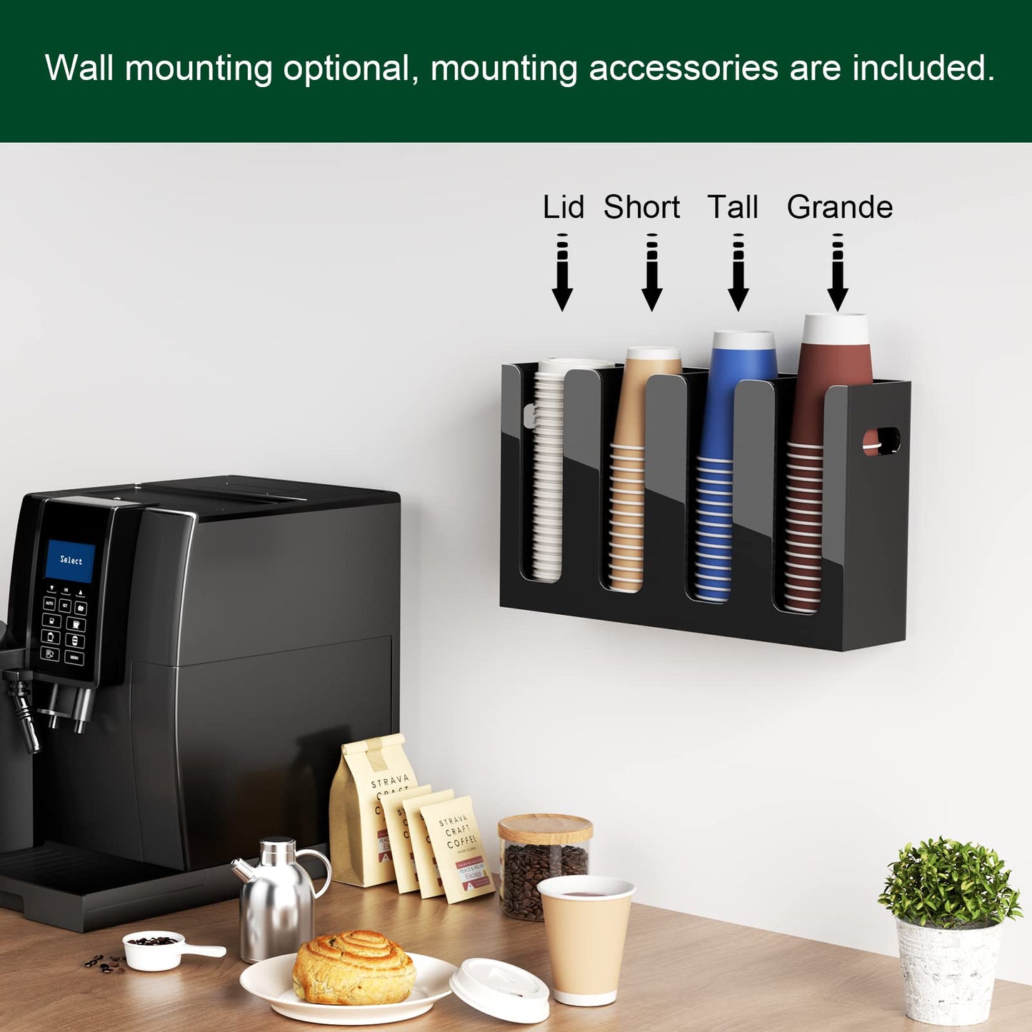 BOSSCASA Disposable Coffee Cup Dispenser with Handles, Countertop or Wall Mount Hot/Cold Drink Cup and Lid Holder - Bathroom/Kitchen/Office Acrylic Cup Lid Storage Organizer (4 Compartments, Black)