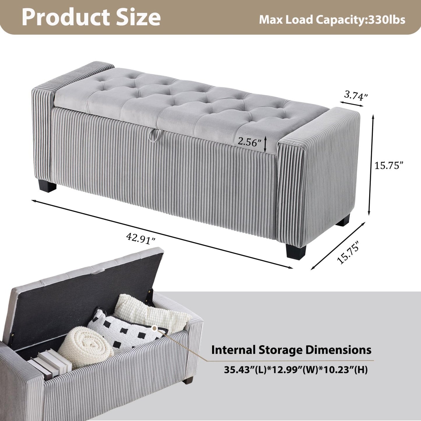 2BYF 43" Ottoman Bench with Storage for Bedroom, Comfort Upholstered End of Bed Storage Bench with Safety Hinges, Sturdy Wooden Footstool & Shoe Bench for Living Room, Entryway (Grey)