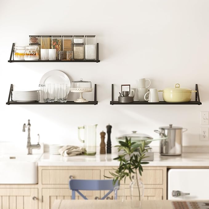 BAMEOS 24X8 Floating Shelves Rustic Wood Wall Shelf Set of 3, Bookshelf
