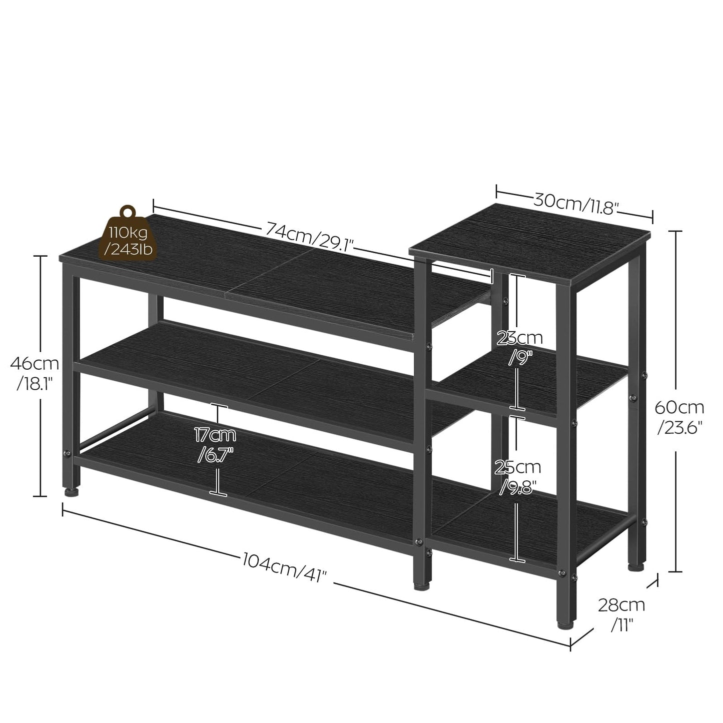 YATINEY 3-Tier Shoe Rack Bench, Wooden Shoe Storage Bench, Industrial Entryway Bench with Storage, Multi-Functional Shoe Rack with Seat for Bedroom, Hallway, Living Room, Black HX05BB