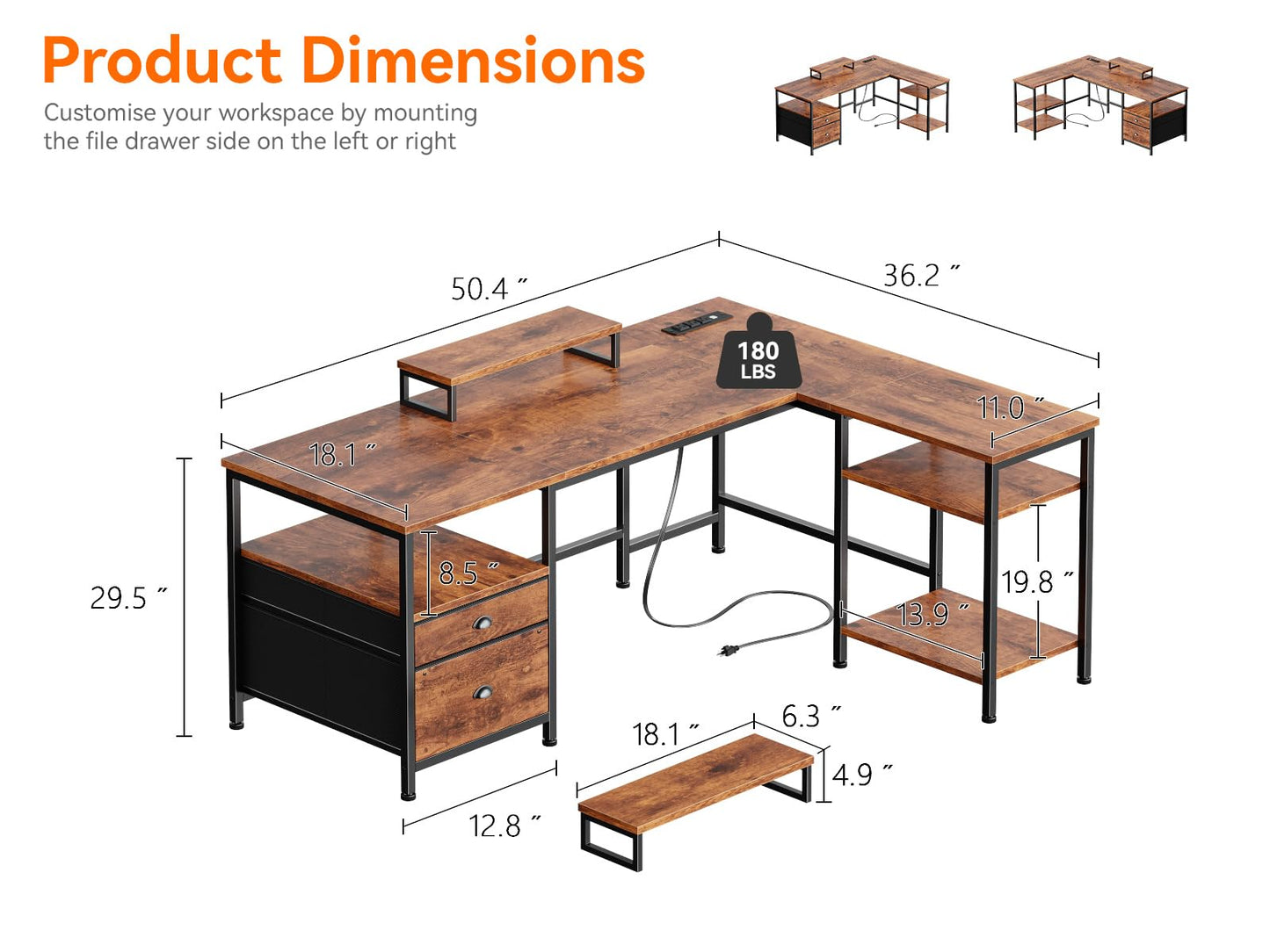 Furologee L Shaped Computer Desk with Power Outlet, Reversible Home Office Desk for Work Study, 50 Inch Corner Gaming Table with File Drawer, Monitor Stand, Storage Shelves, Rustic Brown