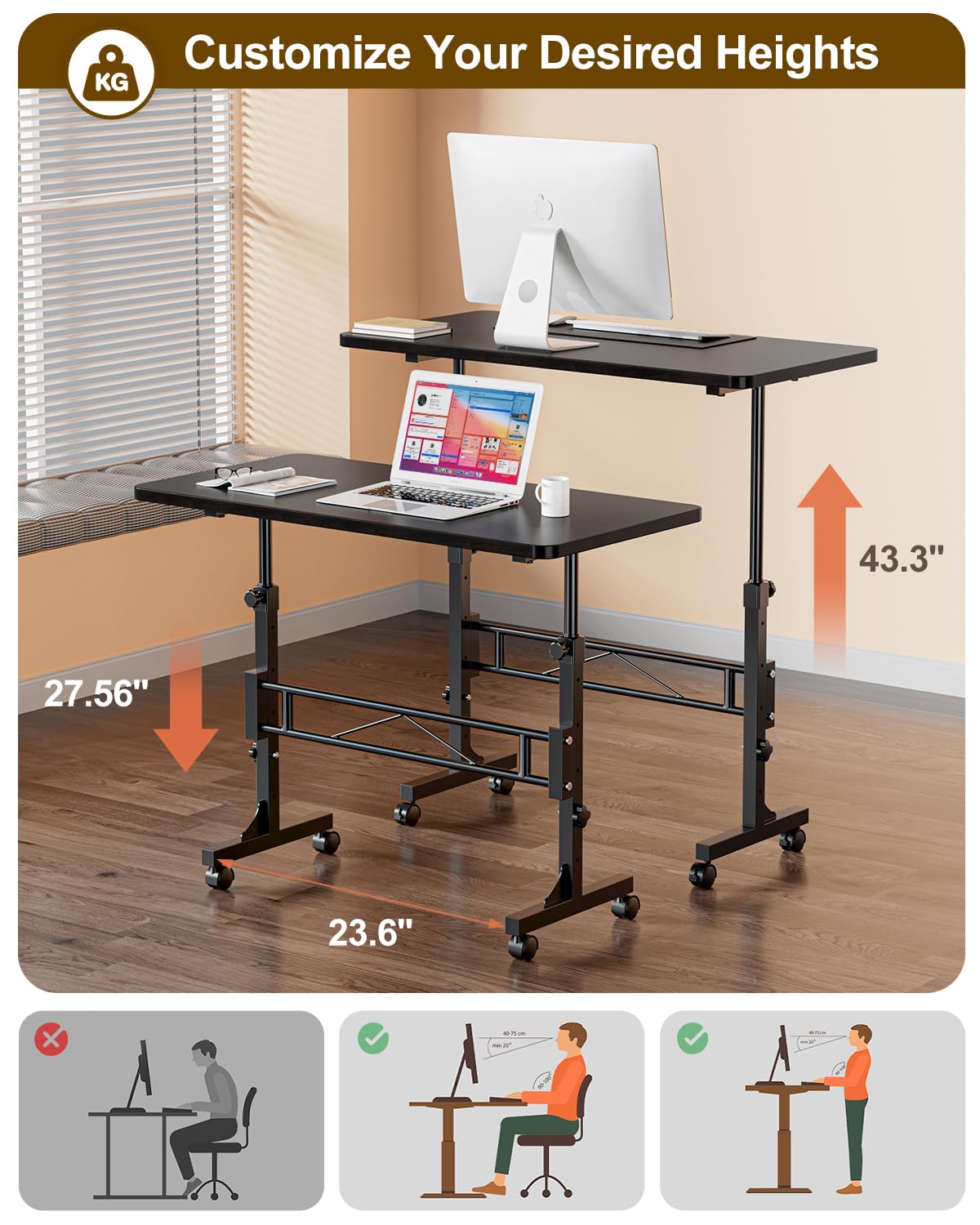 Amztabler Small Standing Desk Adjustable Height, Mobile Stand Up Desk with Wheels, 32 Inch Portable Rolling Desks Conference Room Tablesf for Walking Pad Treadmill Black