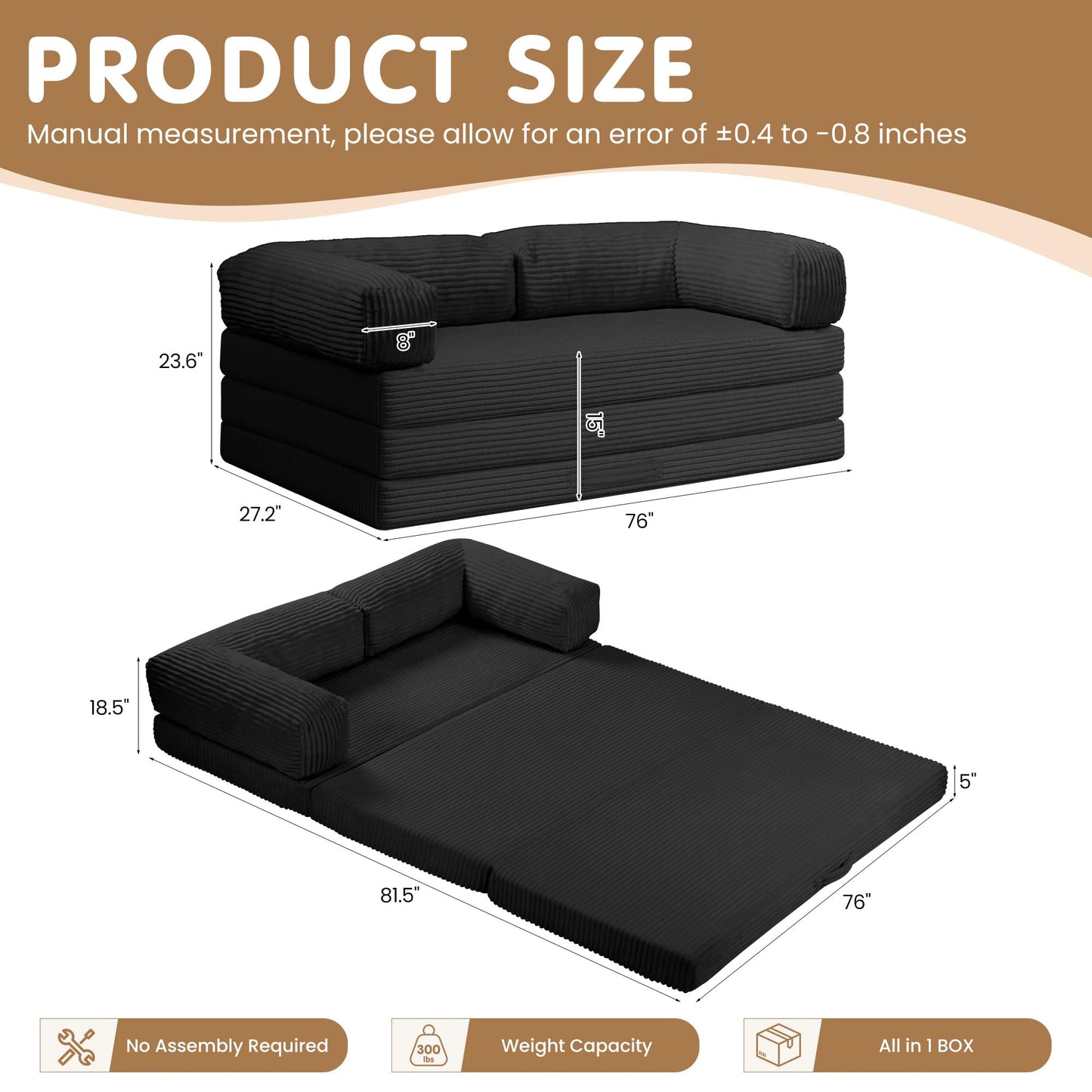 NLDD Convertible Sofa Bed King,5-in-1 Folding Boneless Couch Corduroy Futon Sofa Bed,Tri-Fold Mattress with Removable Armrests & Handle,Sleeper with Pull Out Bed for Small Space Living Room Bedroom