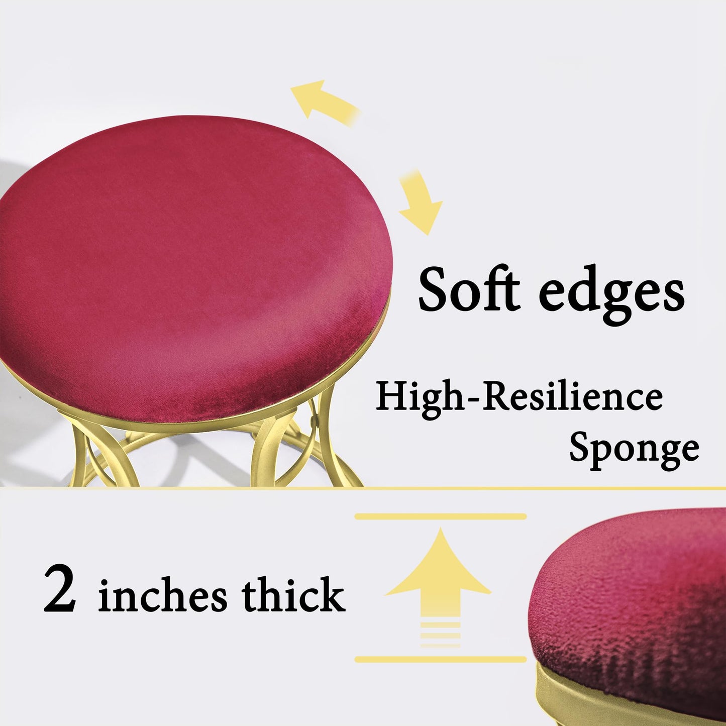 Ellensamqi Velvet Round Vanity Stool,Red Velvet Footrest Ottoman Foot Stool Seat with Golden Metal Legs,Makeup Chair for Bathroom Vanity,Bedroom,Living Room