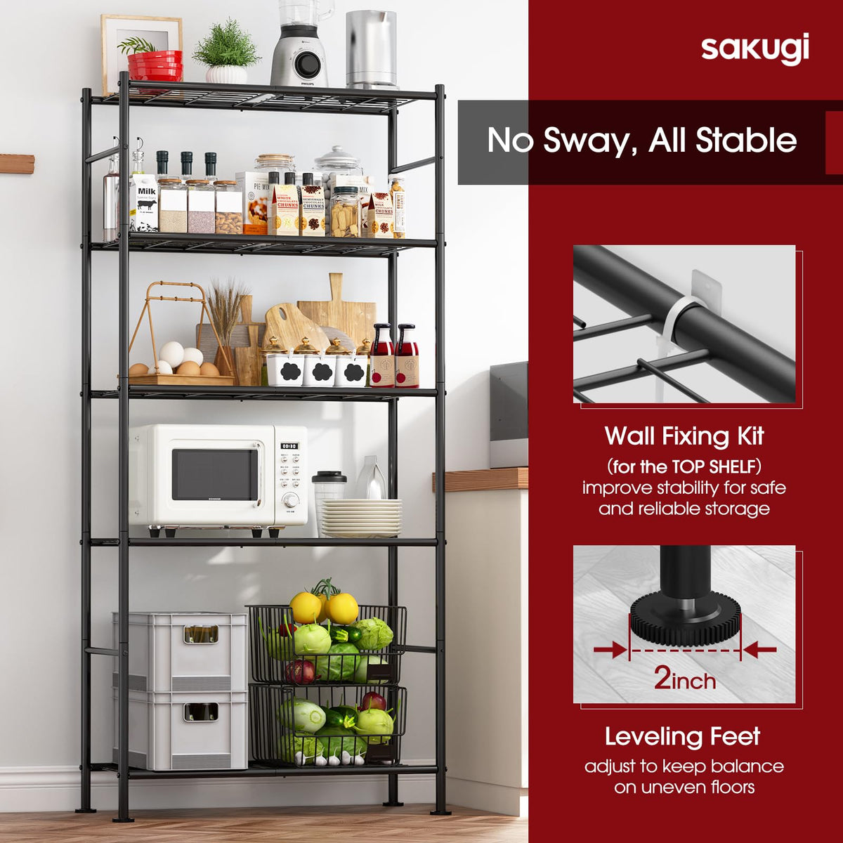 Sakugi Storage Racks - 2 Pack, 5-Tier Freestanding Steel Shelving Units with Reinforced Frame, Adjustable Garage Organization Shelves for Warehouse, Basement, Workshop, 33.5" x 12.6" x 72", Black
