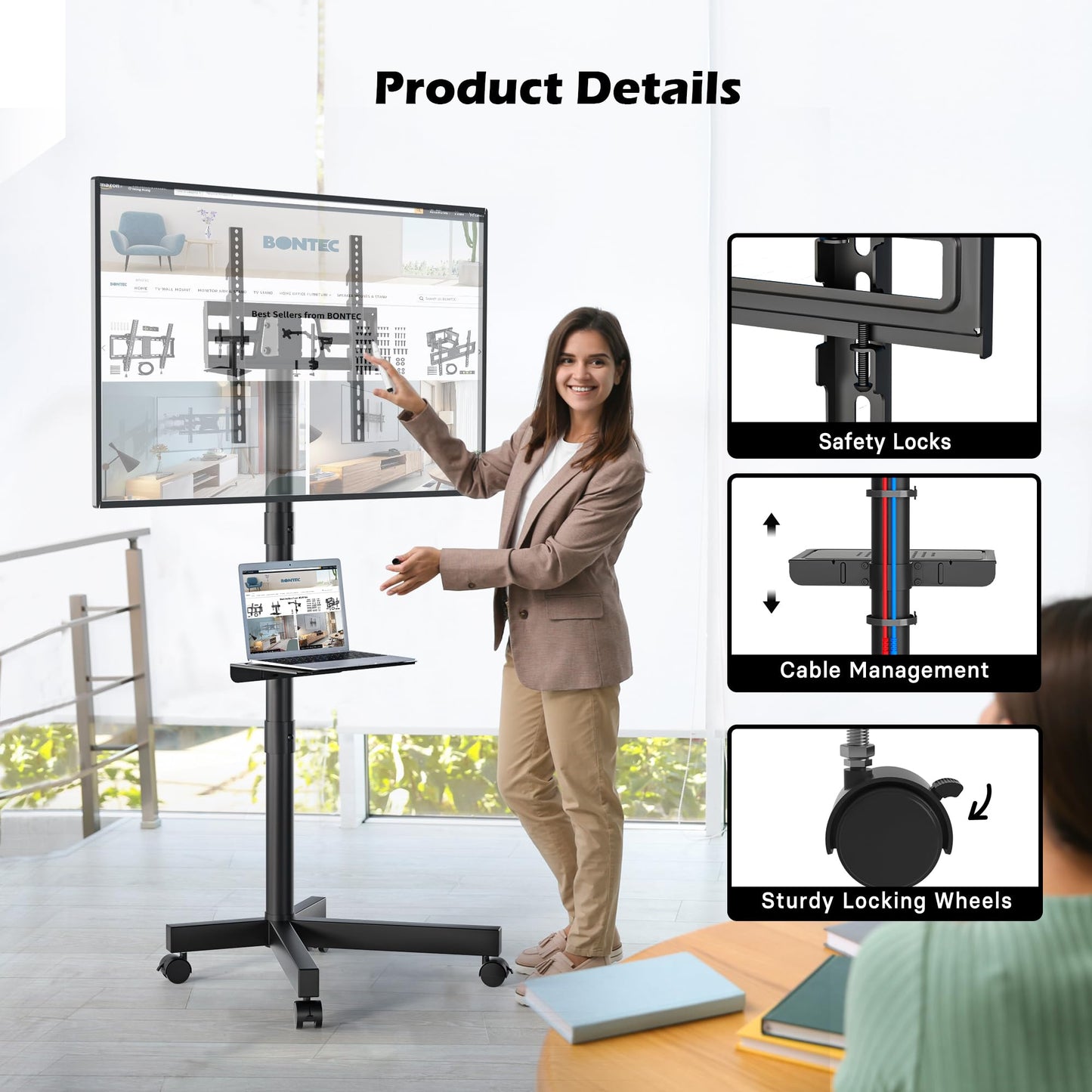 BONTEC Rolling TV Stand with Tilt, Mobile TV Stand Wheels for 23–65 Inch LED LCD TVs, Portable TV Cart with Adjustable Shelf for Living Room, Bedroom, Outdoor TV Stand Holds 88 lbs, Max VESA 400x400mm