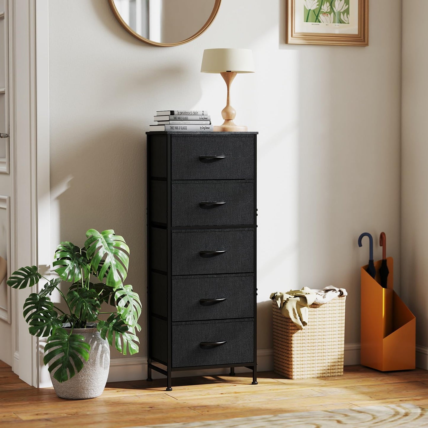 Sweetcrispy 5 Drawer Dresser with Fabric Bins Steel Frame Wood top Storage Chest for Bedroom Closet Hallway Black Compact Organizer Durable Home Storage Solution