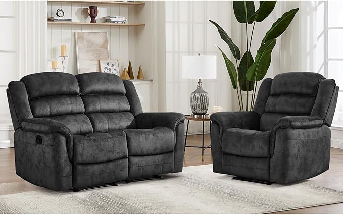 EBELLO 2 Pieces Reclining Loveseat Couch Furniture Set, Soft Fabric Manual