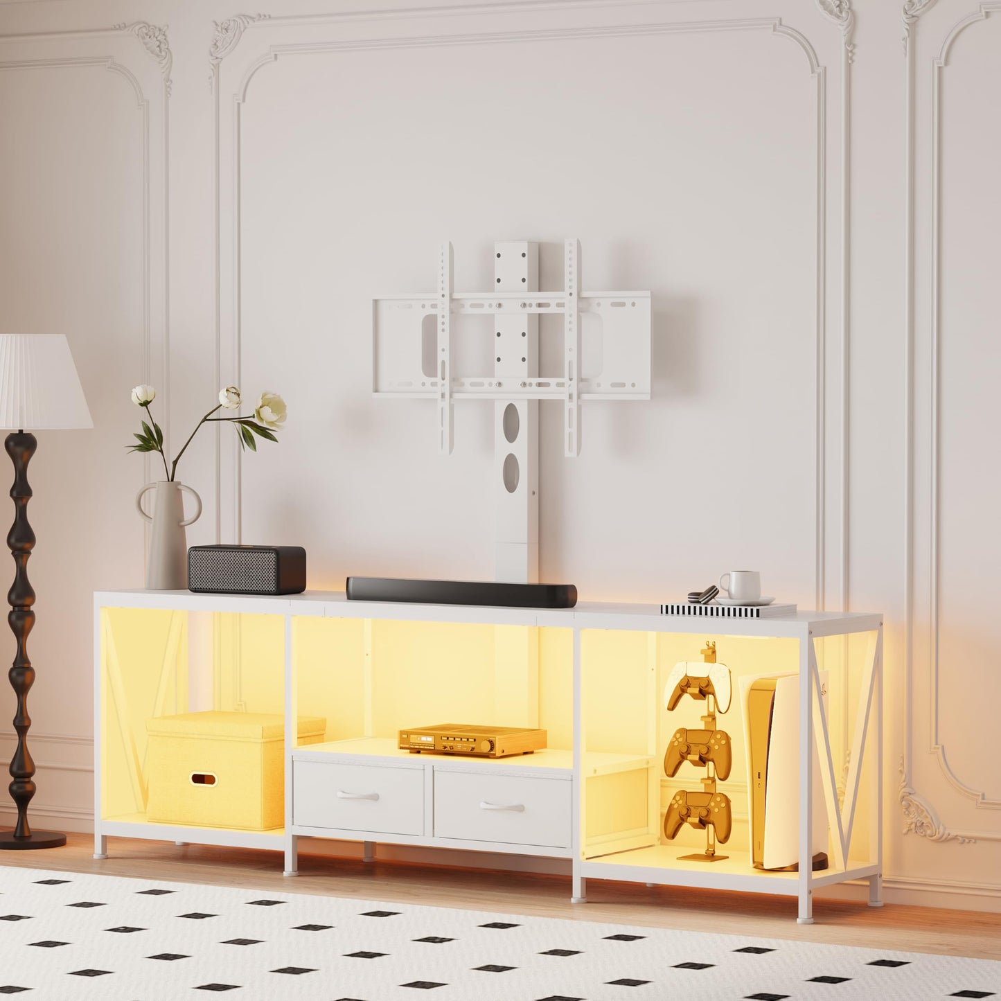 NinPeen 63" W TV Stand with Mount for 55,65,75" TV,Entertainment Center with Power Outlet and Led Lights,Height Adjustable TV Console Table with Open Storage Shelves and Fabric Drawers (White, 63" W)