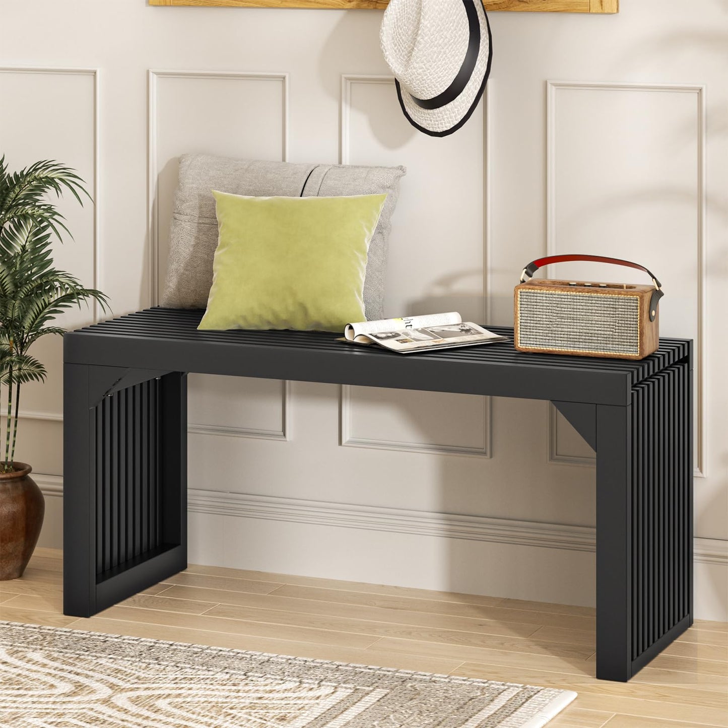 MODCART 35" Solid Wood Bench, Black Entryway Bench with Storage, Modern Shoe Bench, Narrow Bench for Entryway, Living Room, Kitchen