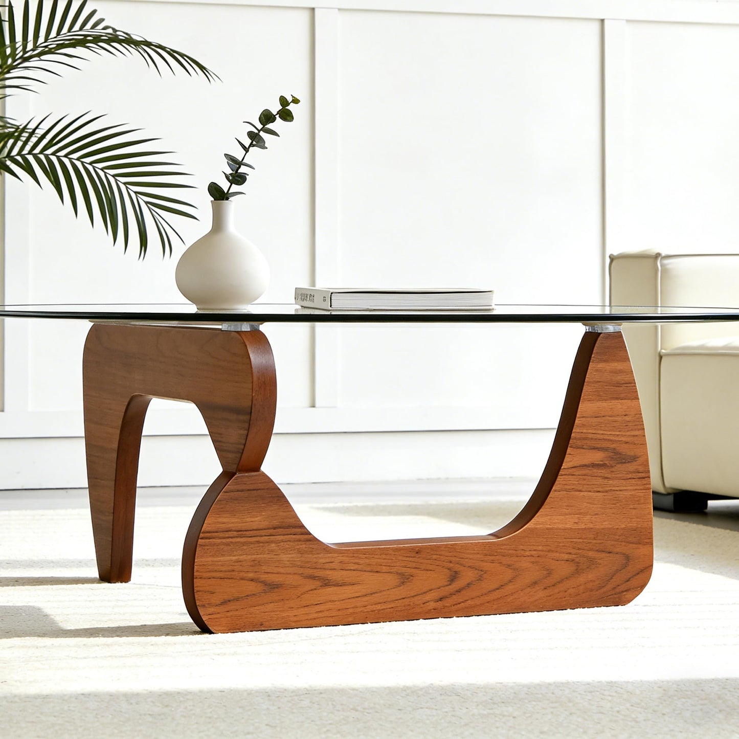 Coffee Table for Living Room, Small Coffee Table with Triangle Tempered Glass Top & Wood Legs, Modern Oval Abstract Dining Center Tables for Home Office Industrial Cocktail Tables 111