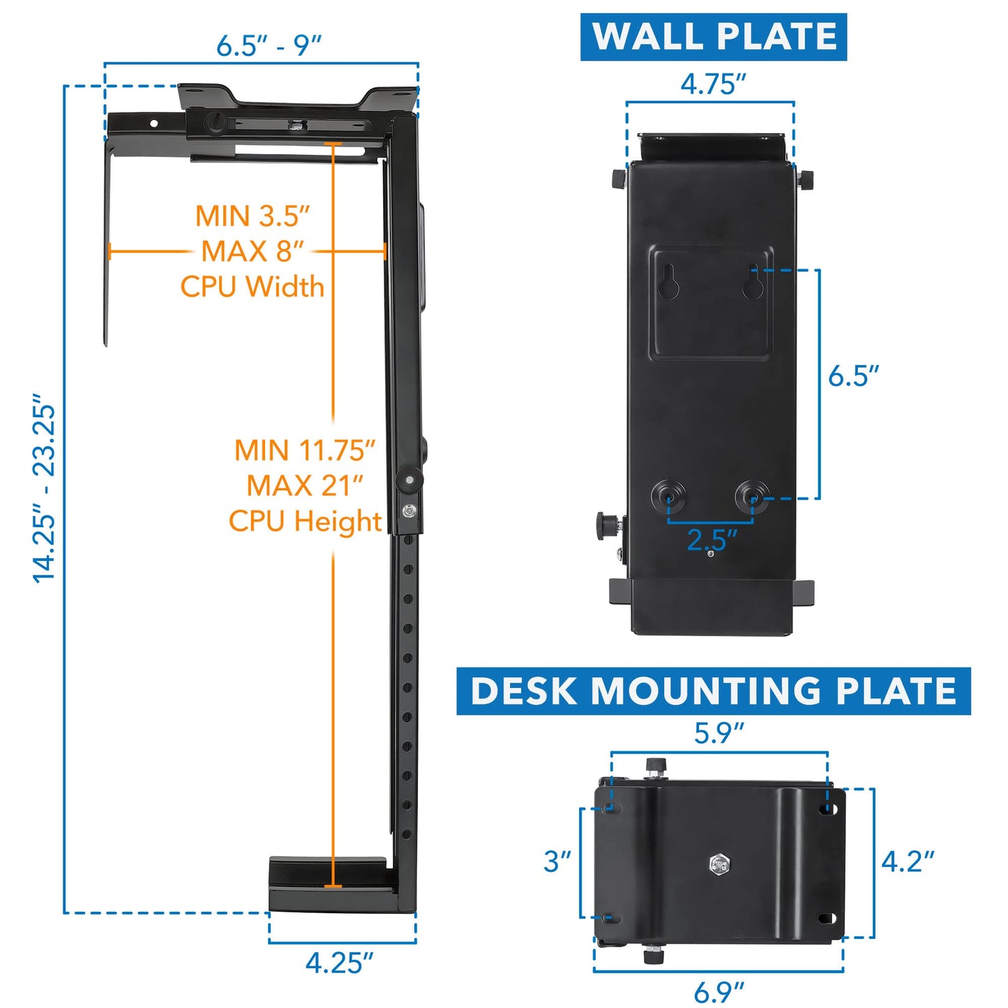 Mount-It! CPU Under Desk Mount Bracket - Computer Tower Wall and Under Counter Holder, 360 Degree Swivel Adjustable Height and Width Wall-Mountable