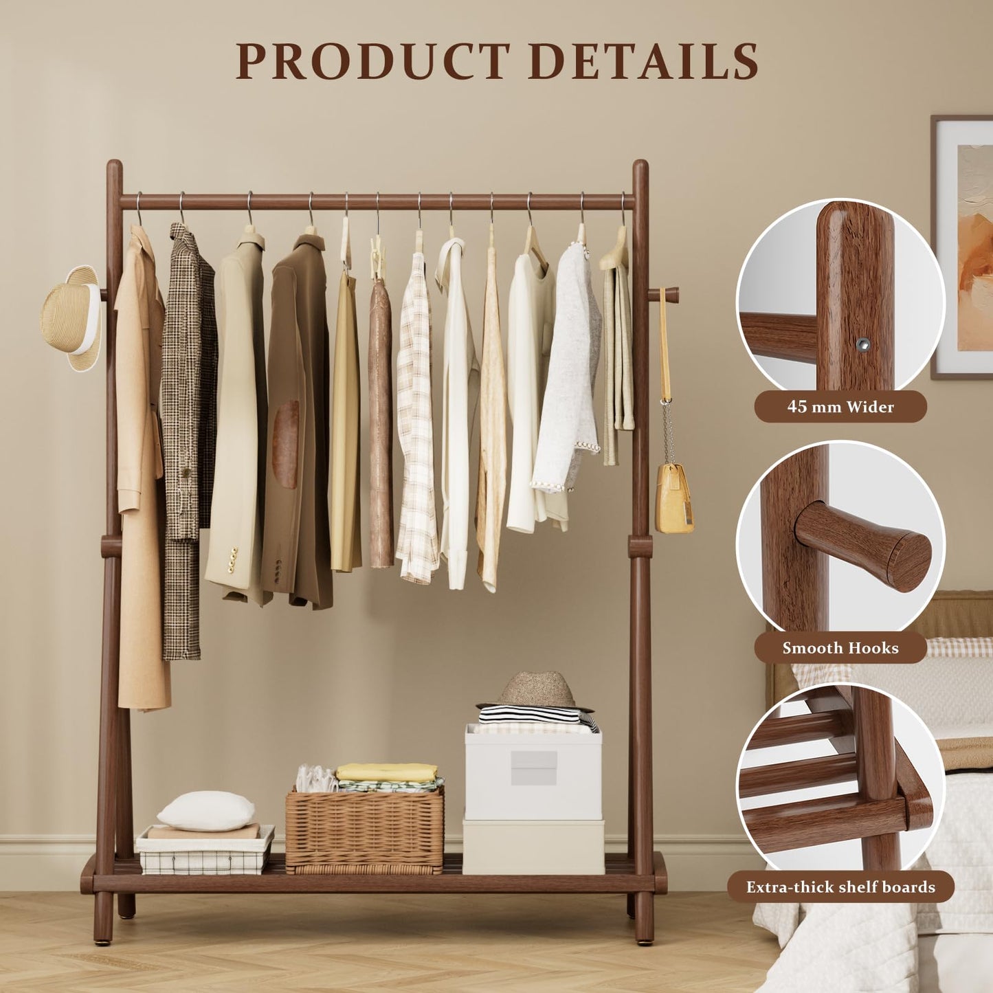 Wamhom Solid Wood Clothes Rack,Freestanding Garment Rack & Coat Tree,Extra-Long 39.38" Hanging Rod, Double Storage Shelves for Bedroom, Entryway, Hallway