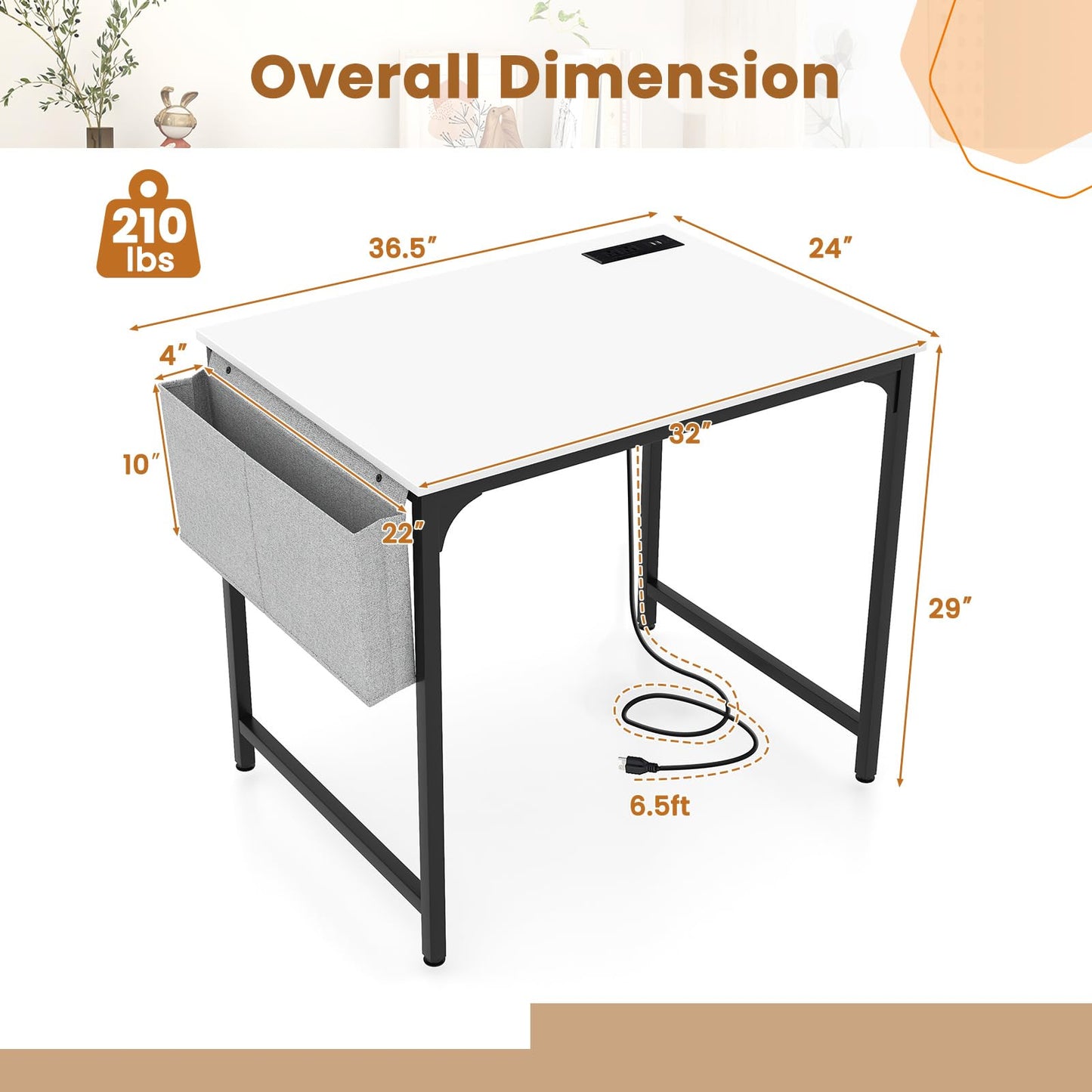 Giantex 32 Inch Computer Desk with Charging Station, Home Office Writing Desk with Storage Bag & Headphone Hook, Compact Gaming Table PC Workstation, Modern Simple Laptop Desk for Bedroom, Study