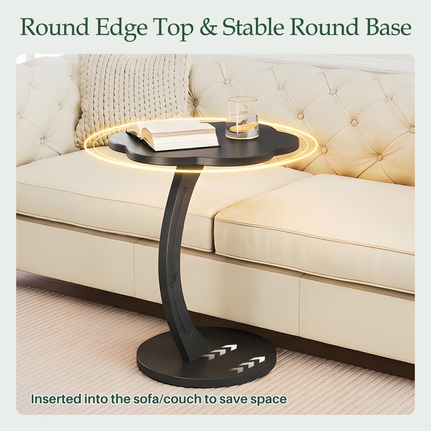 MYOTA C-Shaped End Table for Couch - Round Small C Side Table, Flower Handmade Solid Wood Sofa Couch Tables That Slide Under Bedside, Saving Space Wooden Tray for Living Room, Small Space, (Black)