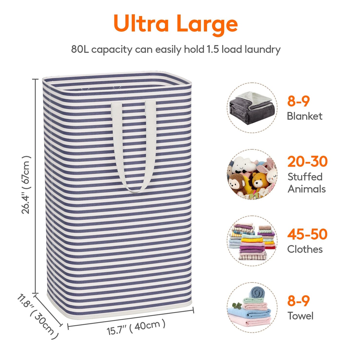 Lifewit 2 Pack Laundry Basket 80L Each, Collapsible Clothes Hamper with Reinforced Handles, Freestanding Waterproof Design for Bedroom and Laundry Room, Navy 160L Total