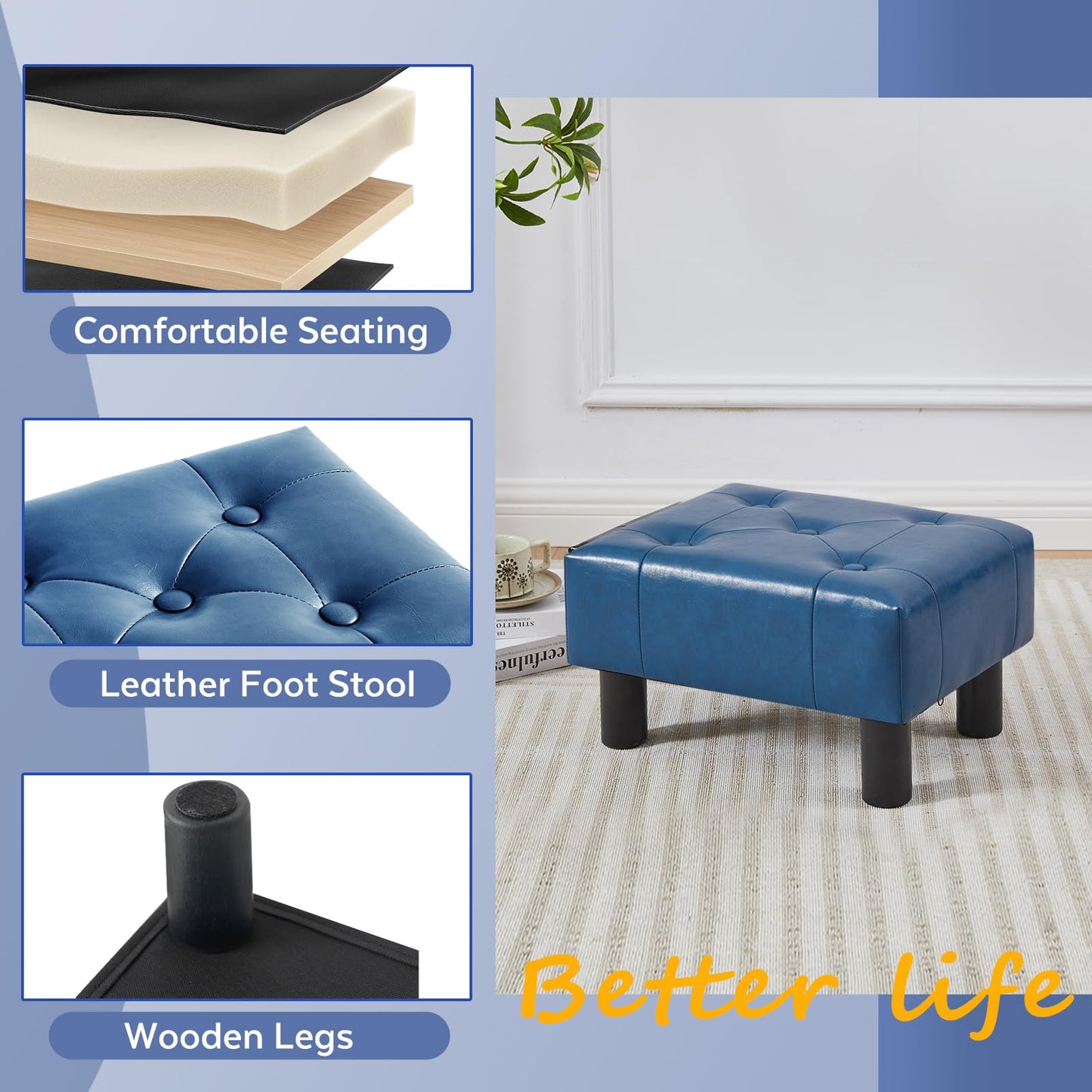 FIMIVIBI Small Foot Stool Ottoman, Faux Leather Footstool Ottoman Foot Rest for Couch, Rectangle Footstools and Ottomans Small for Living Room, Entryway and Bedroom (Blue)