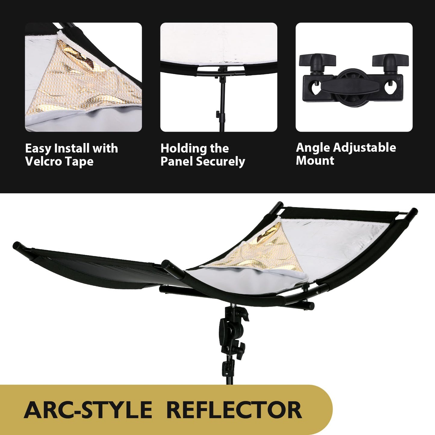Clamshell Light Reflector/Diffuser with Carrying Case,40"X20" (4 Color in 1) Arclight Curved Eyelighter Lighting Diffuser for Photography Portrait Studio Video Shooting,Black/White/Gold/Silver