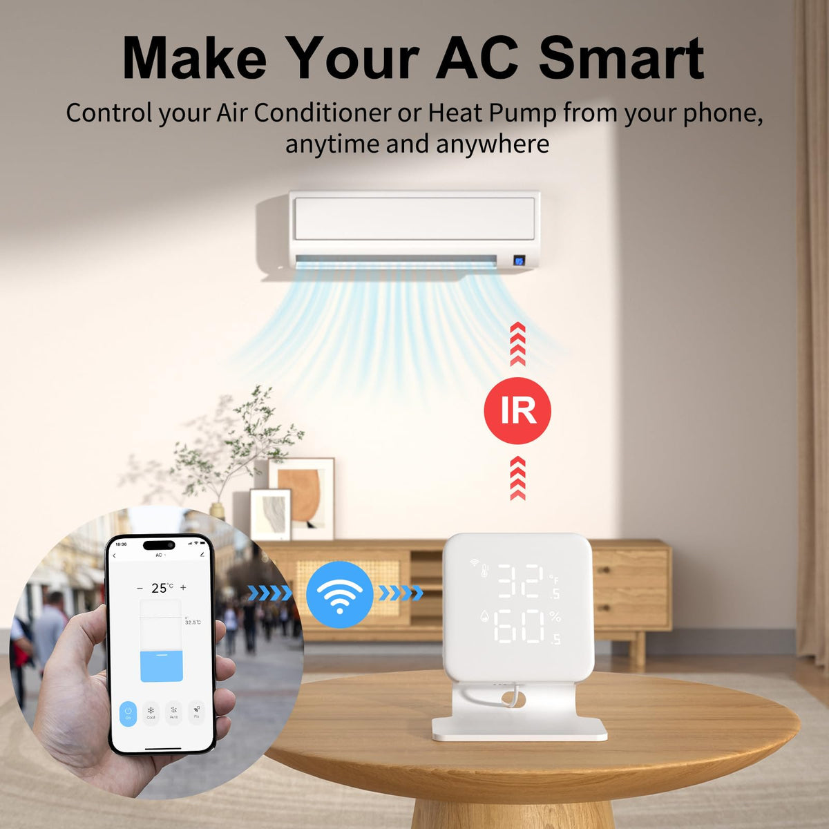 WOOX Smart Air Conditioner & Heater Pump Controller, WiFi IR Remote Control for Mini Split AC, Portable & Window AC, Temperature and Humidity Automation Controllers, Compatible with Alexa/Google