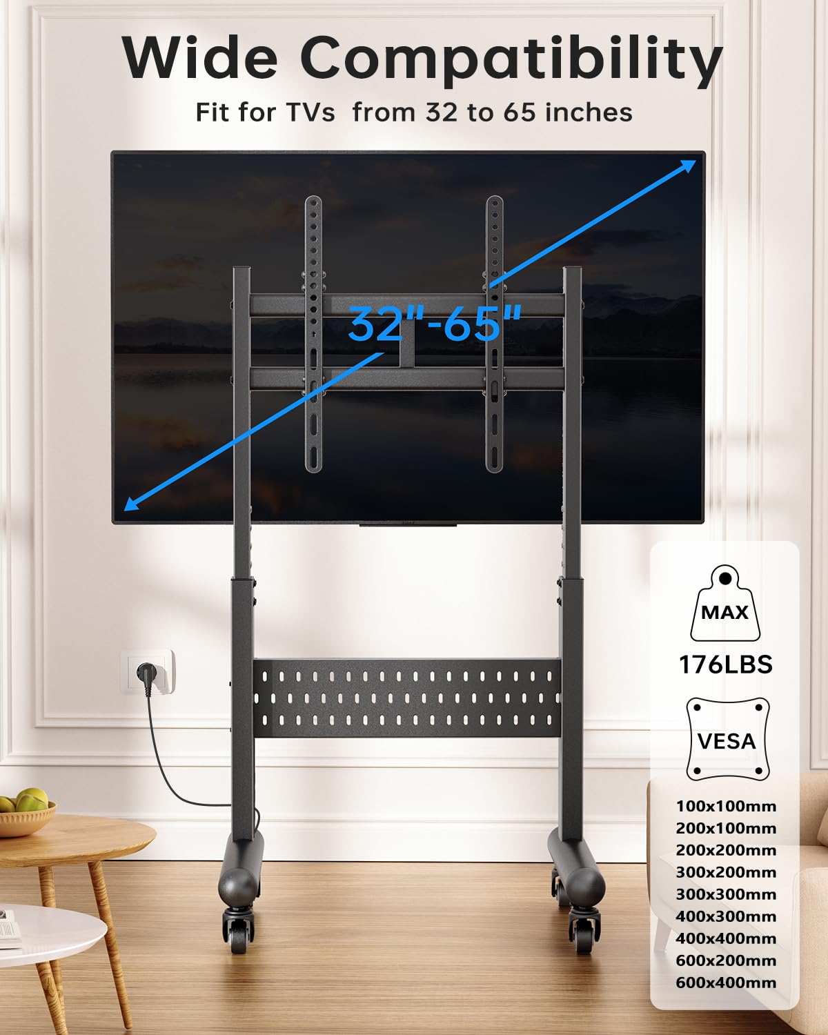 Afaloona Commercial Rolling TV Stand with Power Outlet, Mobile TV Cart with Lockable Wheels for 32-65 Inch TVs up to 176 lbs, Height Adjustable with Pegboard Storage, Max VESA 600x400mm