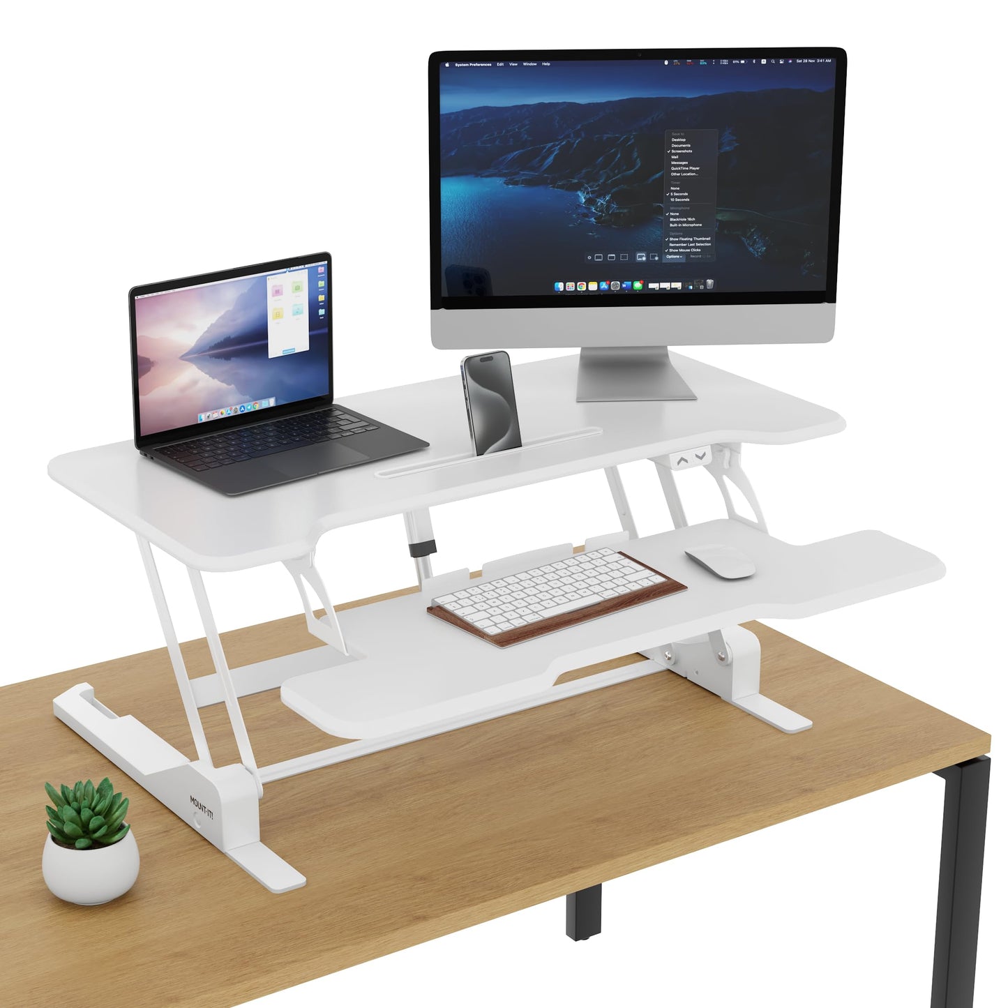 Mount-It! Electric Standing Desk Converter White 38 Inch Wide Tabletop, Stand up Desk Riser, Height Adjustable Sit Stand Desk, Fits Dual Monitors, Keyboard Tray, Device Slot, Monitor & Laptop