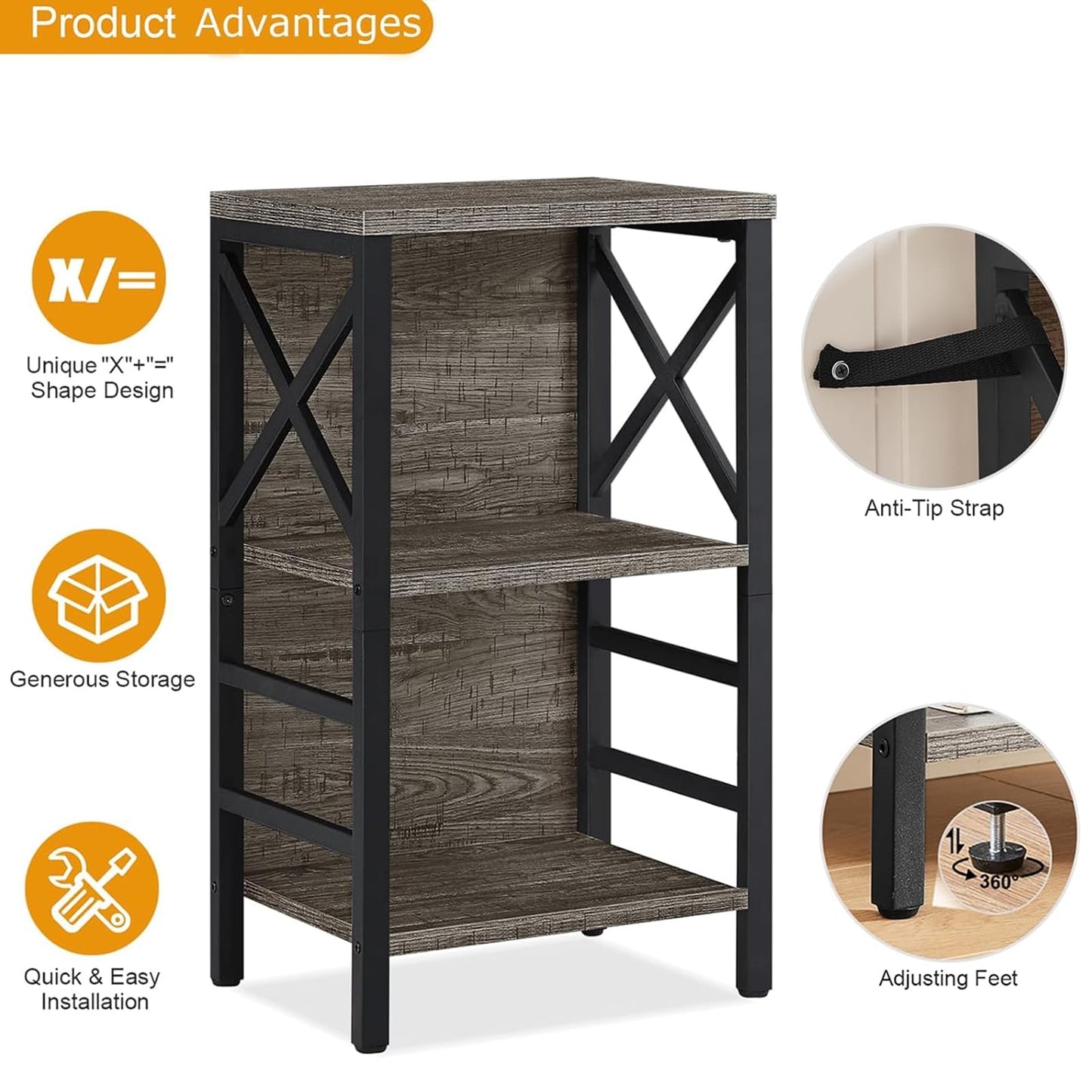 MNEETRUNG Small Bookcase,3 Tier Industrial Bookshelf with Metal Frame and Backboard,Low Grey Book Shelf,Book case for Small Spaces,Living Room,Bedroom and Home Office