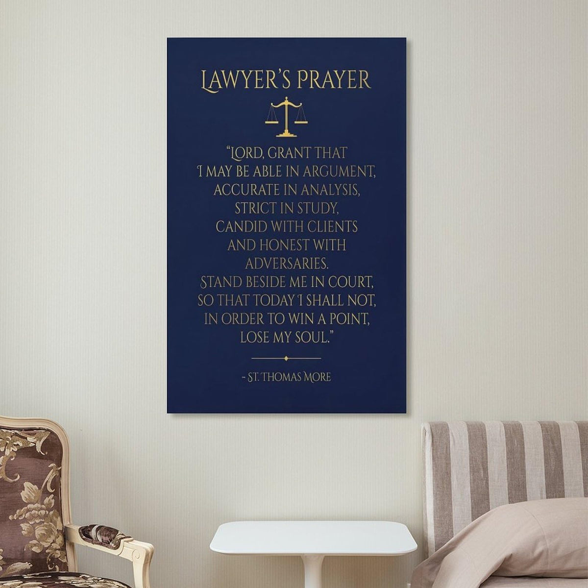 Prayer Quote For Lawyers Scales Of Justice Saint Thomas More Navy Canvas Printing Wall Art Print Decor Poster Scandinavian Bohemian for Attorney Office Courtroom Living Room Bedroom 12x18inch(30x45cm)
