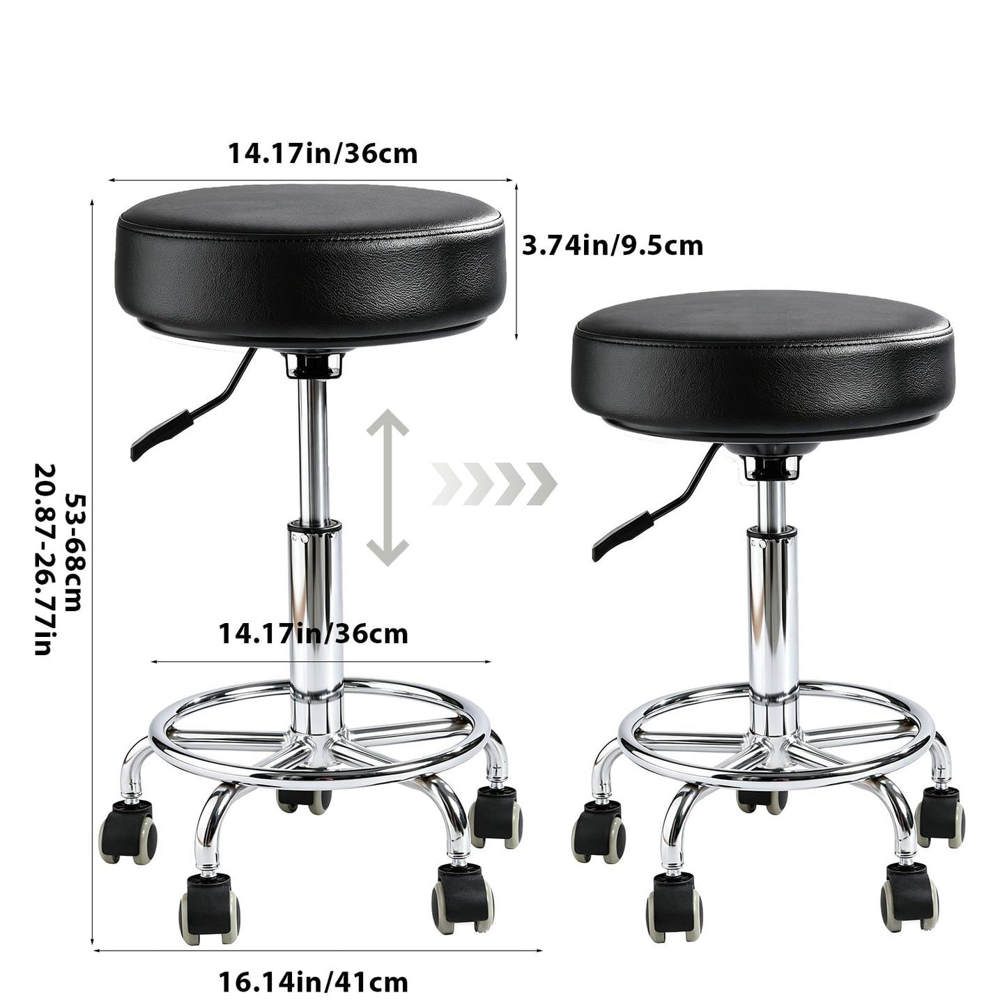 Rolling Stool with Wheels, Comfort Cushion Professional Swivel Drafting Stool, Height Adjustable Heavy Duty 500 lb Stool with Silent Casters and Foot Ring for Salon Tattoo Clinic Home Office, Black