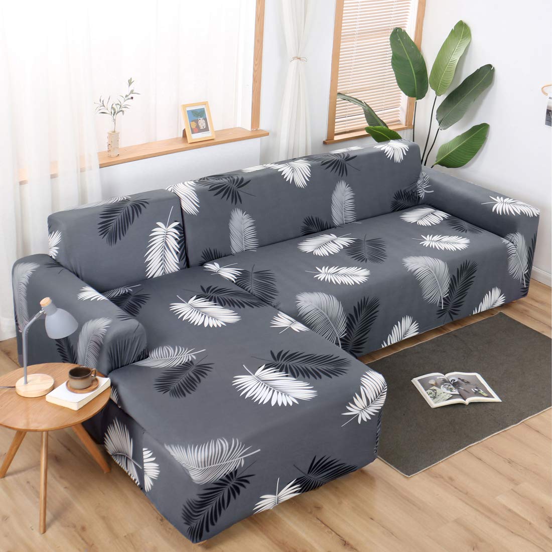 MIFXIN Sectional Sofa Covers L Shape Couch Slipcover 2 Piece Stretch Elastic L-Type Chaise Sectional Sofa Couch Furniture Protector for Living Room Pets Kids (Grey Black)