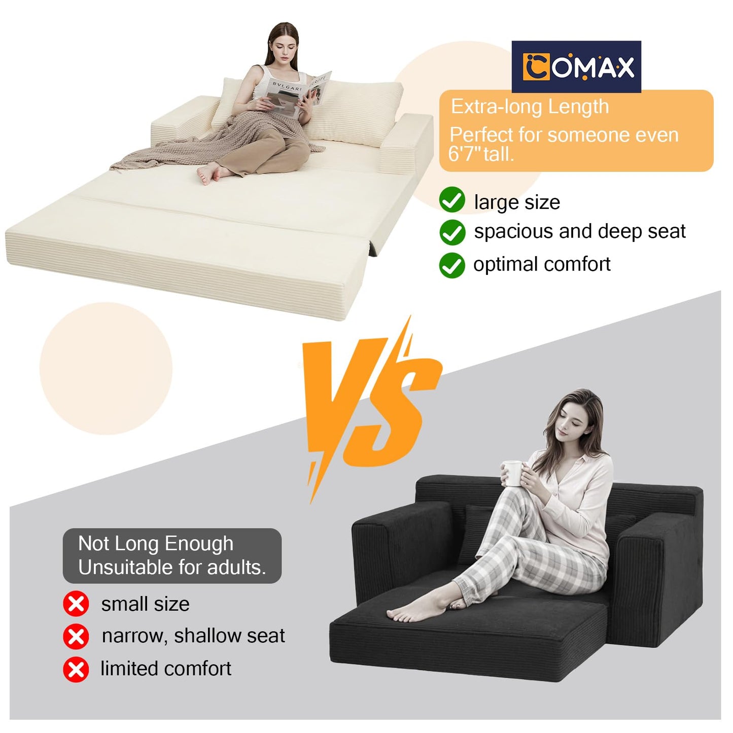 COMAX Convertible Sofa Bed Queen, Corduroy Folding Floor Couch Pull Out Couch Bed Futon Sleeper with Pillows, Fold Out Boneless Sofa Comfy Lounge Mattress Loveseat for Living Room Bedroom, Beige