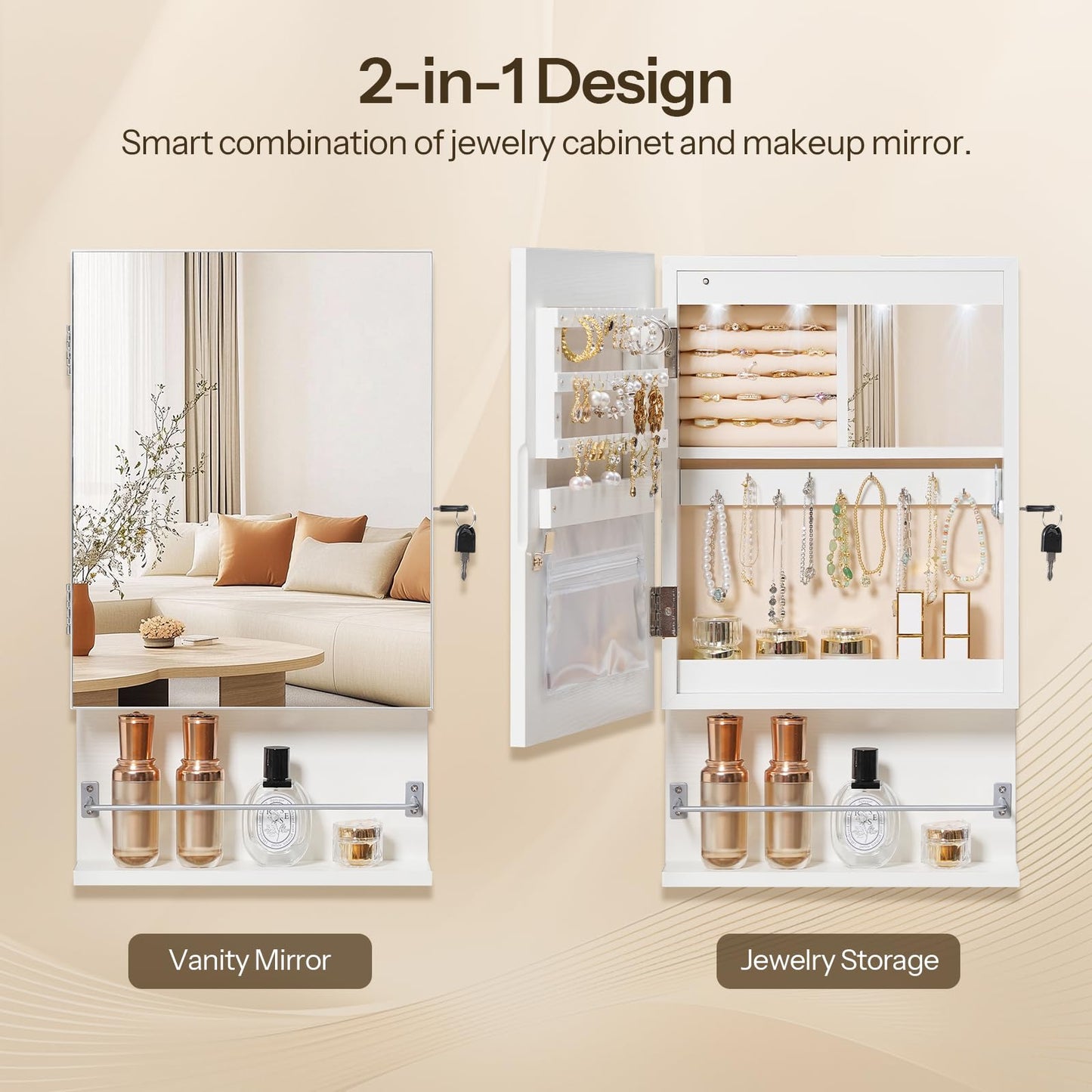HOOBRO Wall Mounted Jewelry Cabinet, LED Jewelry Armoire with Interior Mirror, Hanging Jewelry Organizer for Wall, Lockable Jewelry Storage Cabinet, 3.9 x 11.8 x 20.9 Inches, White