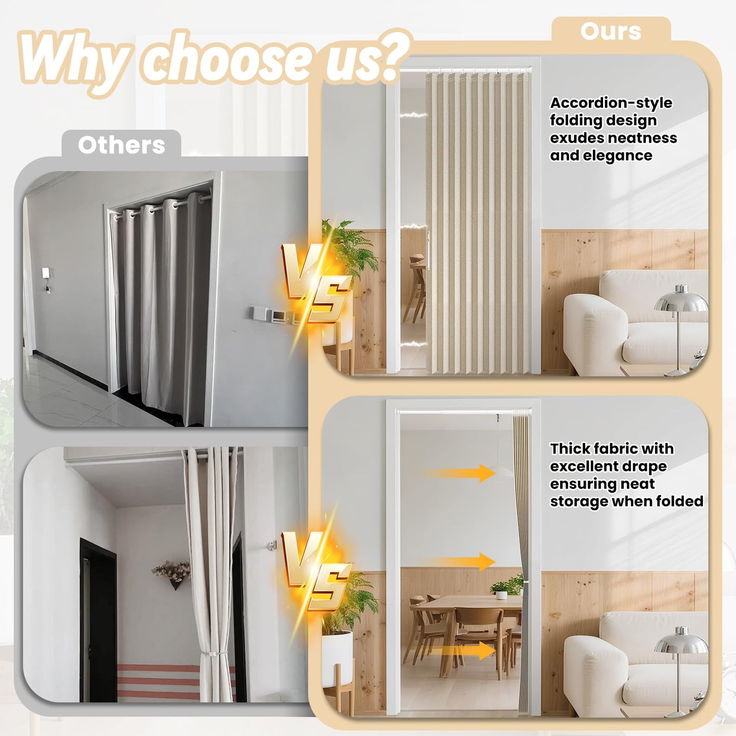AJAZZ Blackout Accordion Door with Curtain Rods Included Invisible Sliding Glass Door Curtain for Bedroom Living Room Doorway Curtain Sets (1 Pack, 72 W x 78 L, Cream Yellow)