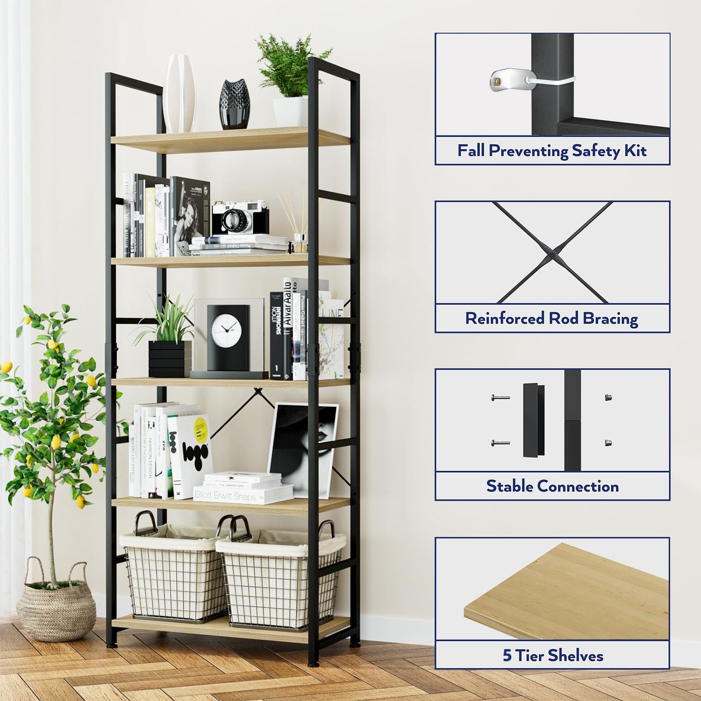NUMENN 5 Tier Bookshelf, Tall Bookcase Shelf Storage Organizer, Modern Book Shelf for Bedroom, Living Room and Home Office, Natural
